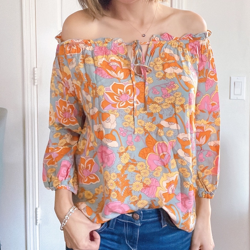 #21 Boho Floral Print Off Shoulder Blouse - Picture 12 of 15